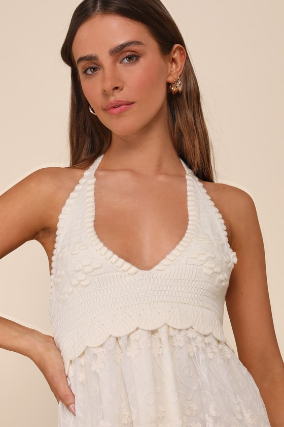 Lulus Always So Angelic Cream Knit Mesh Embroidered Halter Mini Dress In White