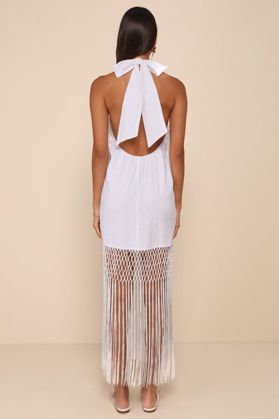 Lulus Perfect Sunshine White Linen Fringe Halter Maxi Dress In White