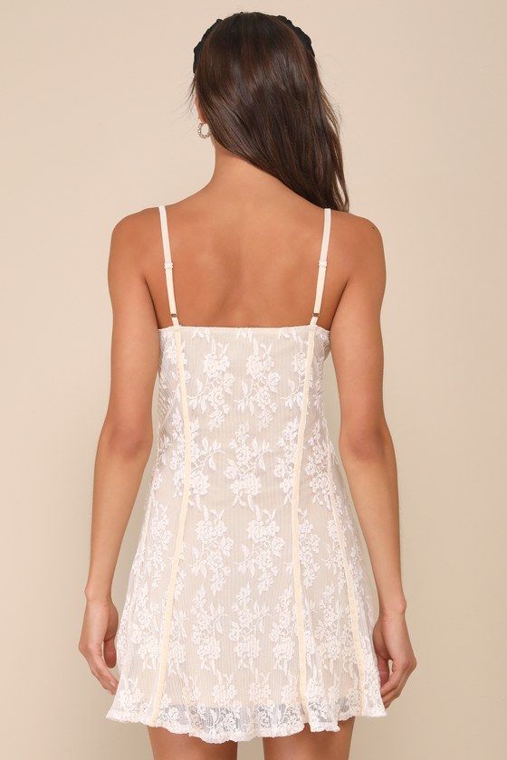 Lulus Flawless Beauty Cream Floral Lace Seamed A-line Mini Dress In White