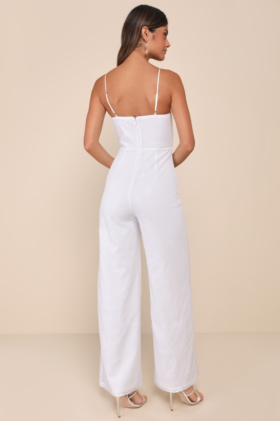 LULUS CHEERS TO CHIC IVORY MESH SEQUIN SLEEVELESS WIDE-LEG JUMPSUIT