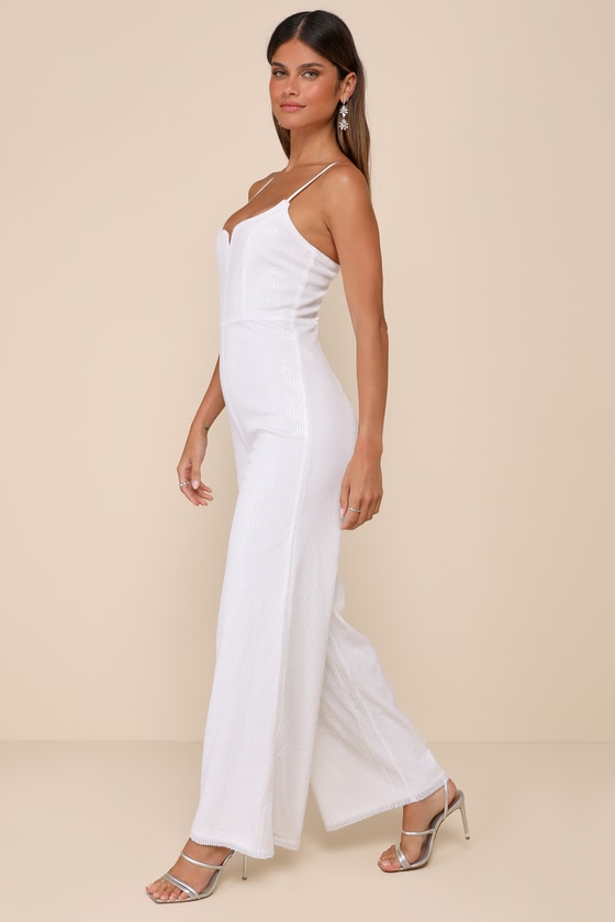 LULUS CHEERS TO CHIC IVORY MESH SEQUIN SLEEVELESS WIDE-LEG JUMPSUIT