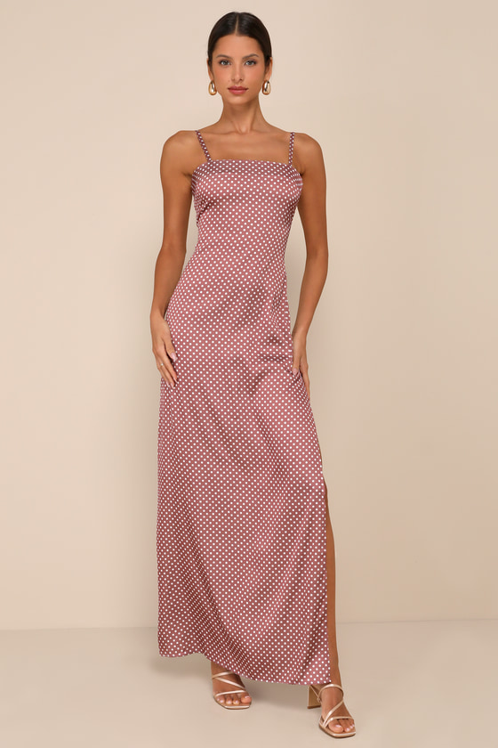 Lulus Prettiest Charm Brown Polka Dot Satin Lace-up Maxi Dress In Brown