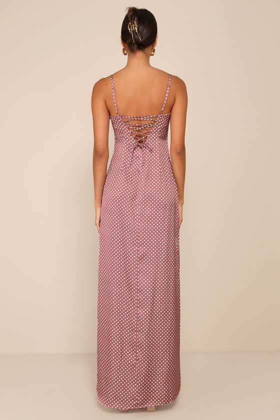 Lulus Prettiest Charm Brown Polka Dot Satin Lace-up Maxi Dress In Brown
