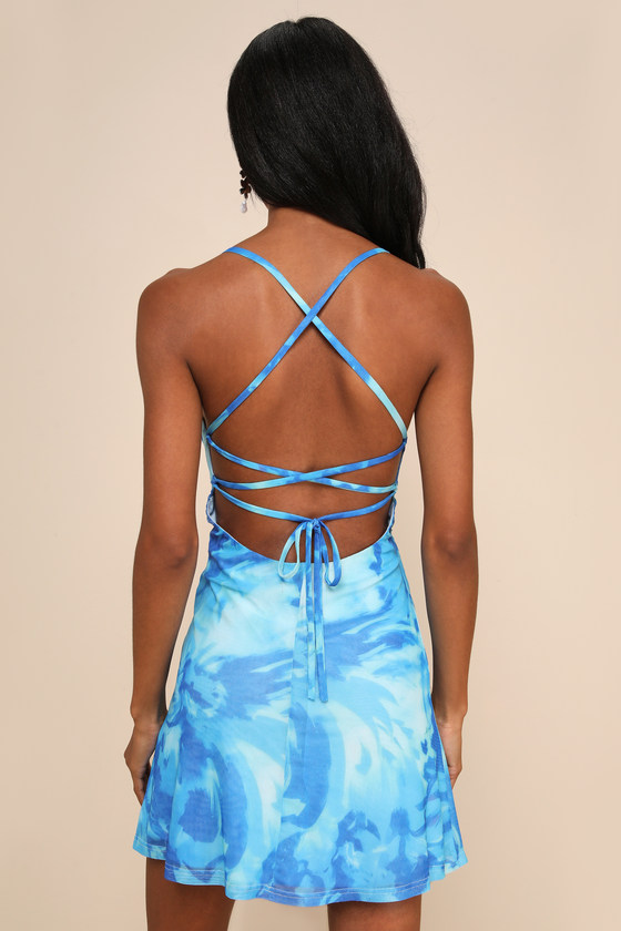 Lulus Ethereal Cutie Blue Floral Abstract Mesh Lace-up Mini Dress In Blue