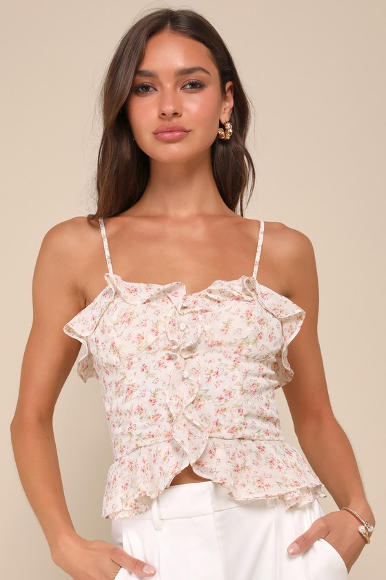 LULUS YOUR SUNNY SWEETIE IVORY FLORAL RUFFLED PEPLUM CAMI TOP