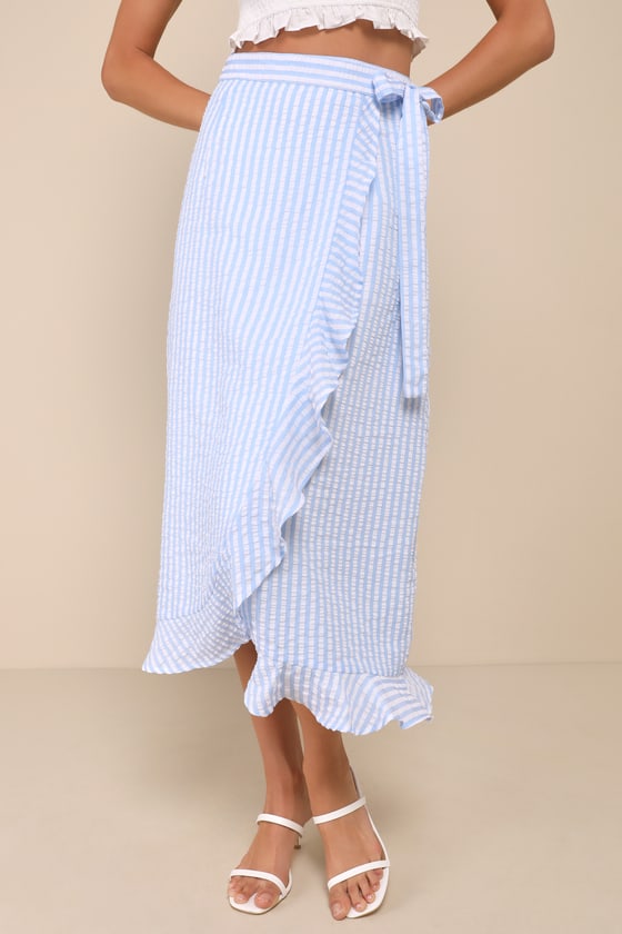 Lulus Effortlessly Sunny Blue And White Striped Wrap Midi Skirt In Blue And White