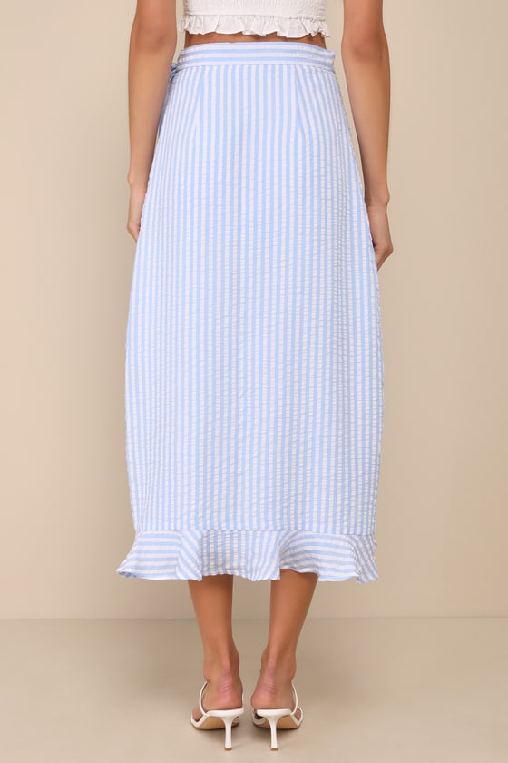Lulus Effortlessly Sunny Blue And White Striped Wrap Midi Skirt In Blue And White