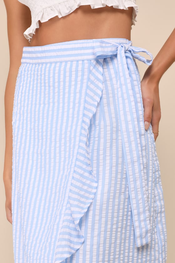 Lulus Effortlessly Sunny Blue And White Striped Wrap Midi Skirt In Blue And White