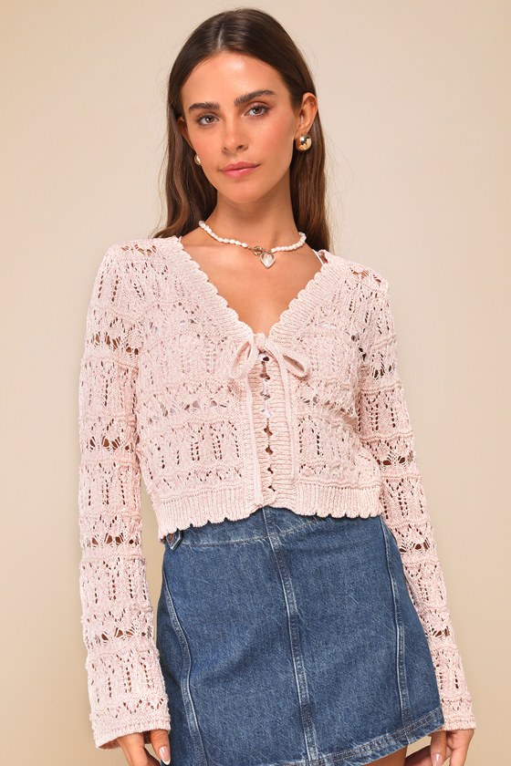 Casually Precious Pink Marled Crochet Tie-Front Cardigan Sweater 4