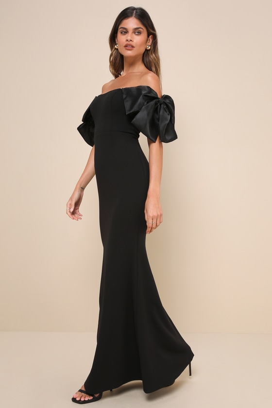 Lulus Pristine Sensation Black Bow Off-the-shoulder Maxi Dress In Black