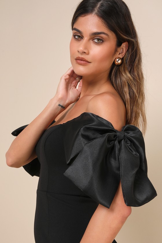 Lulus Pristine Sensation Black Bow Off-the-shoulder Maxi Dress In Black