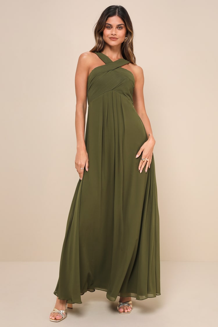 green emerald velvet dress High-Slit Olive Green Halter Maxi Dress – Sassymyprom main image 1