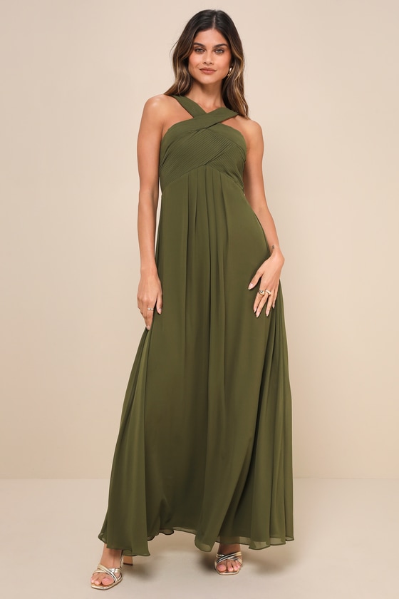 Momentous Elegance Olive Green Pleated Halter Maxi Dress 2