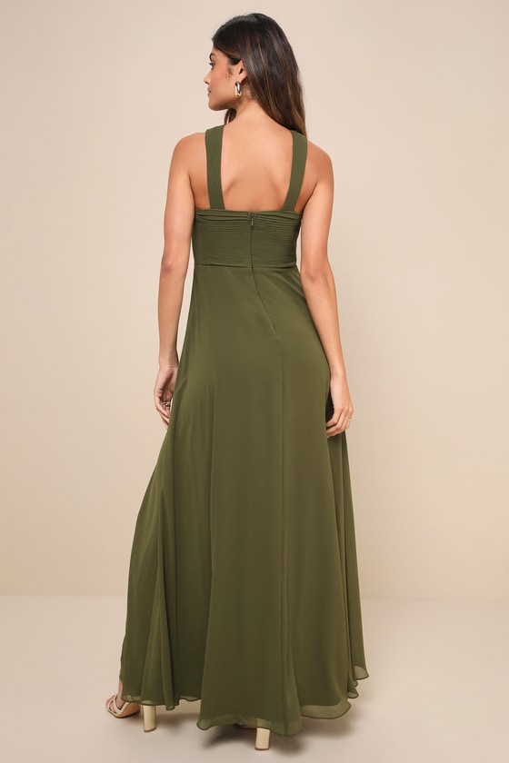 Momentous Elegance Olive Green Pleated Halter Maxi Dress 3