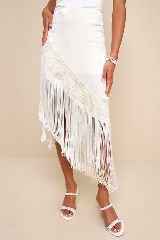 Cream Satin Jacquard Skirt - Asymmetrical Fringe Skirt - Skirt - Lulus