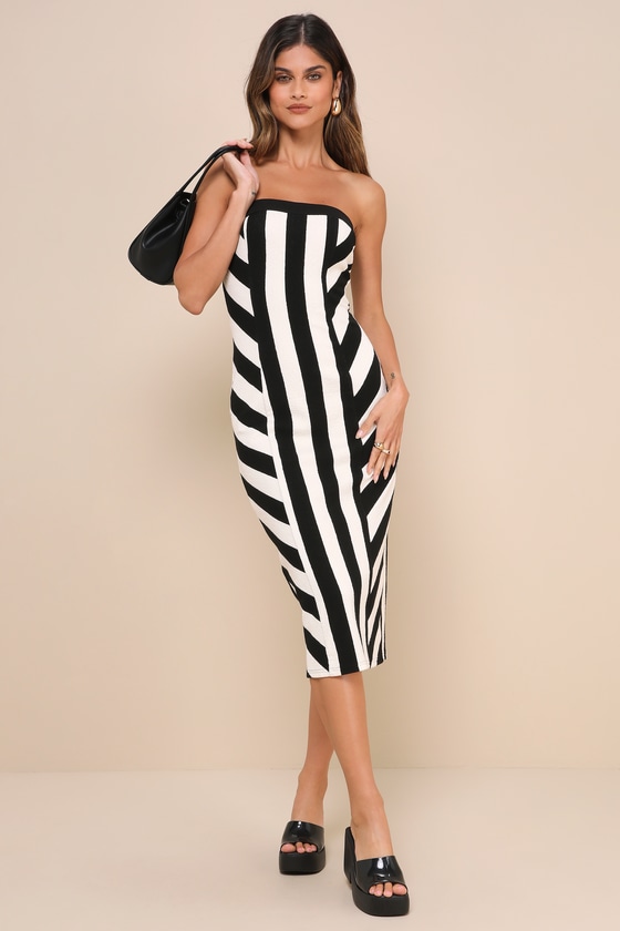 Captivating Choice Black and Ivory Striped Strapless Midi Dress