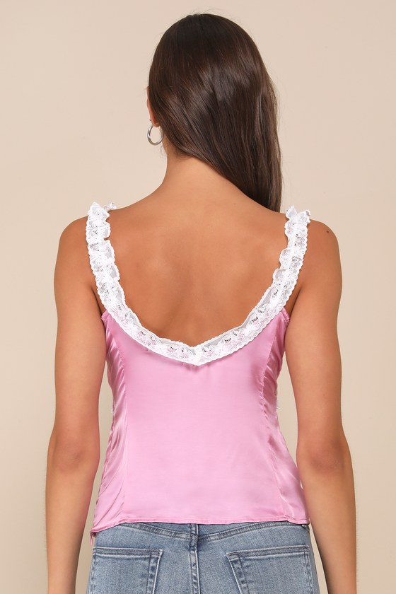 Lulus Certainly A Sweetie Pink Satin Lace Ruffled V-neck Tank Top In Pink