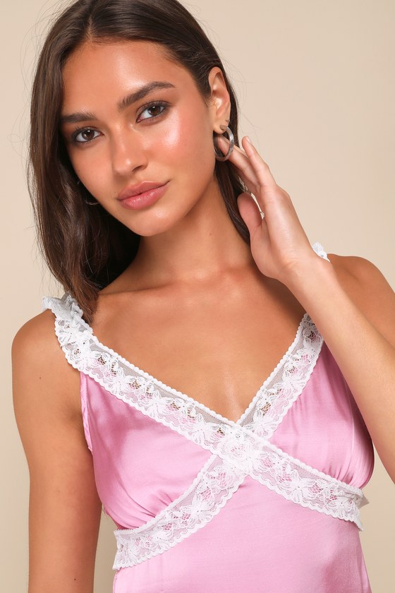 Lulus Certainly A Sweetie Pink Satin Lace Ruffled V-neck Tank Top In Pink