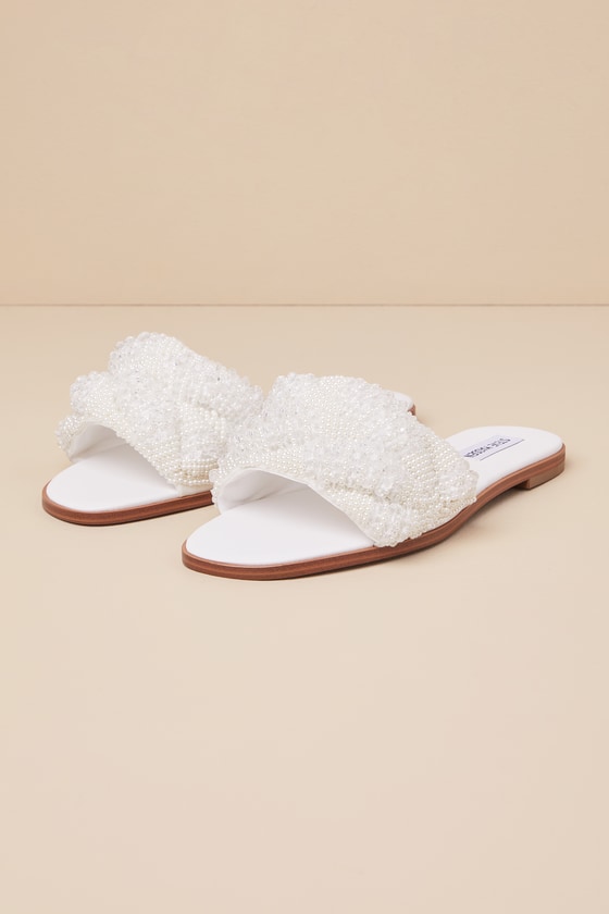 Ecstatic White Multi Pearl Beaded Flat Slide Sandals 1