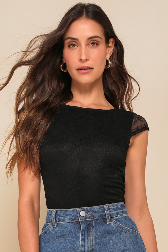 Alluring Credentials Black Floral Lace Backless Cap Sleeve Top 1