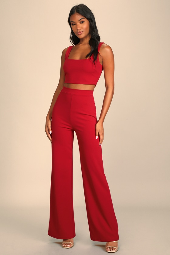 Only Tonight Red Two-Piece Wide-Leg Jumpsuit 15