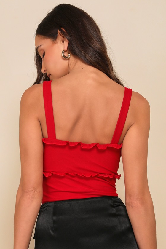 LULUS ESSENTIALLY ICONIC RED MESH RUFFLED SLEEVELESS BODYSUIT