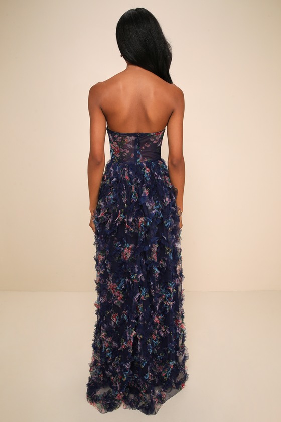 Lulus Stunning Element Navy Floral Mesh Ruffled Strapless Maxi Dress In Navy
