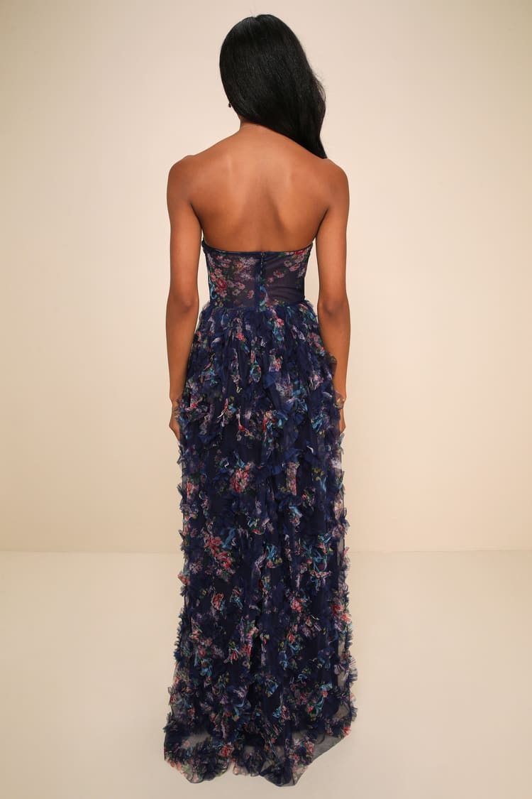Stunning Element Navy Floral Mesh Ruffled Strapless Maxi Dress