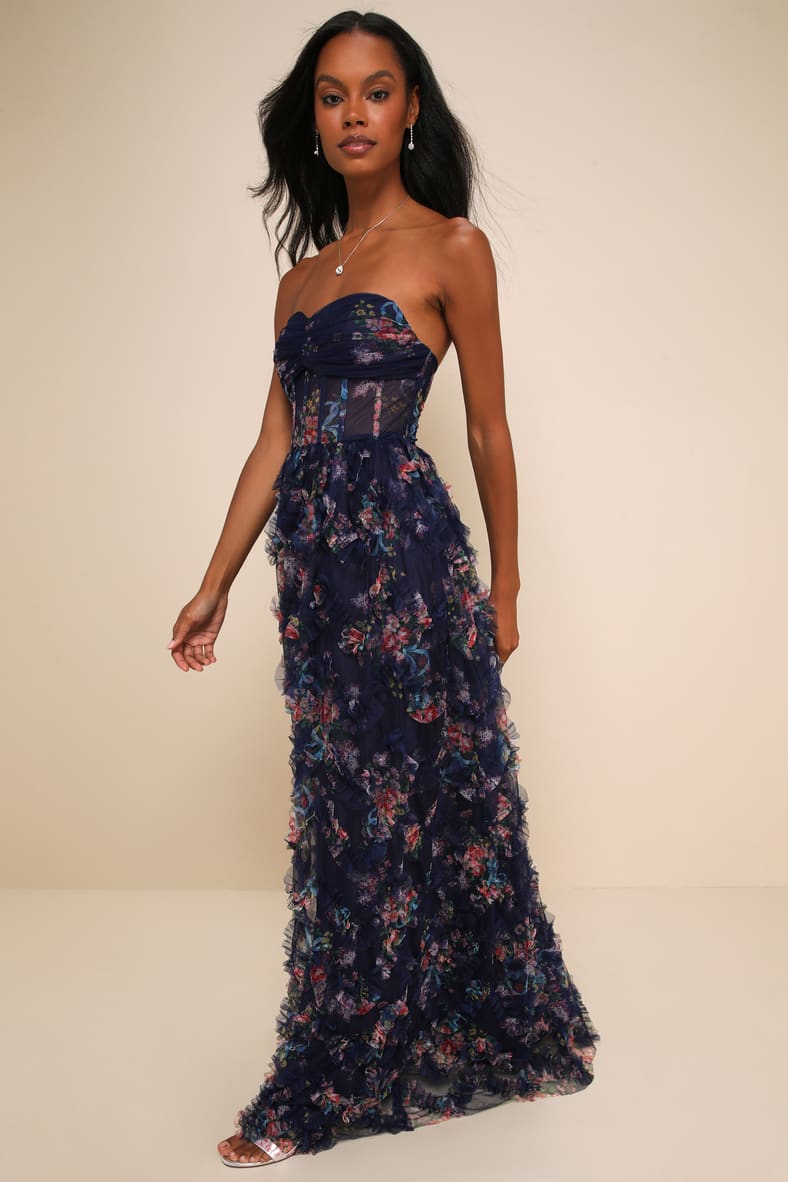 Stunning Element Navy Floral Mesh Ruffled Strapless Maxi Dress