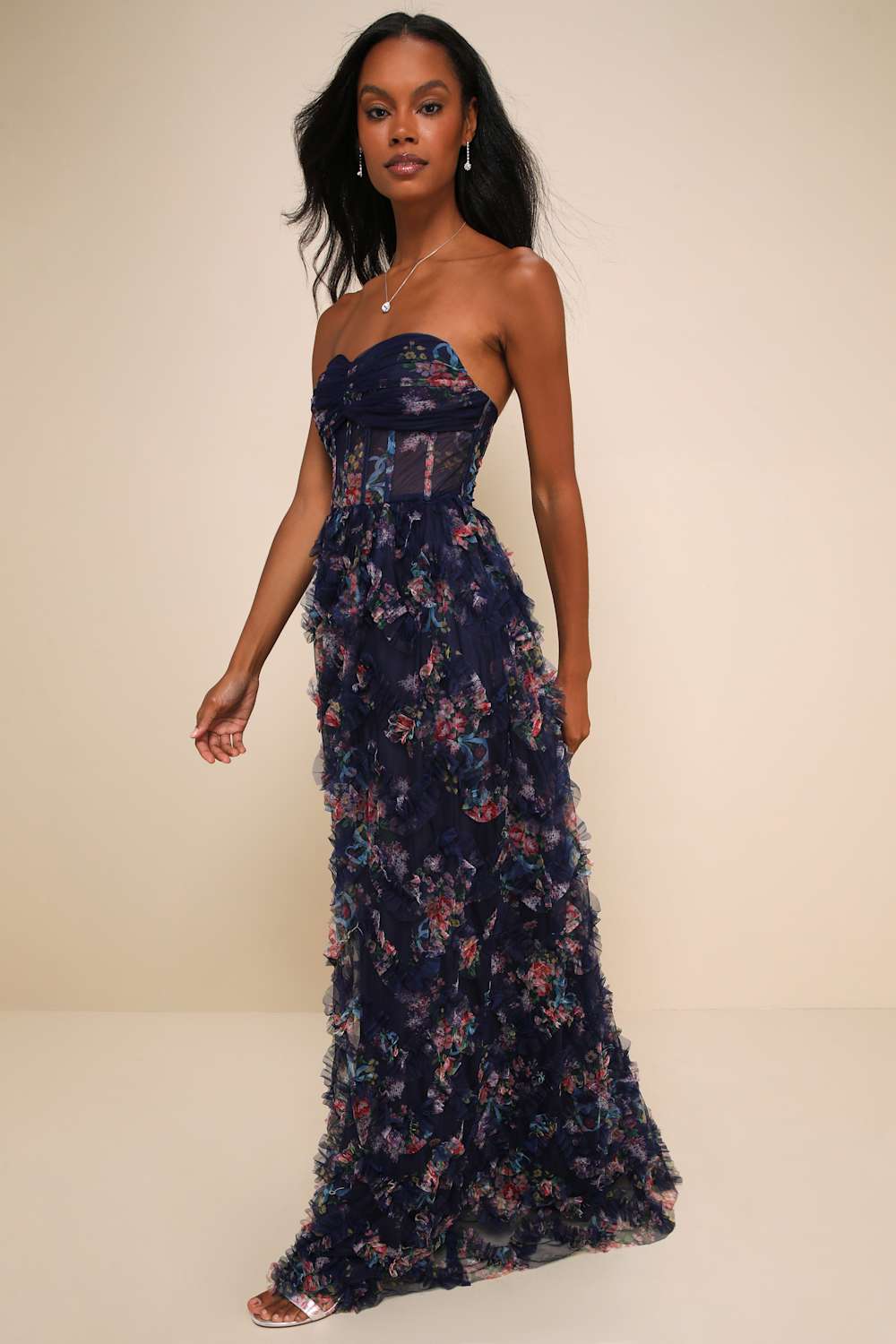Stunning Element Navy Floral Mesh Ruffled Strapless Maxi Dress