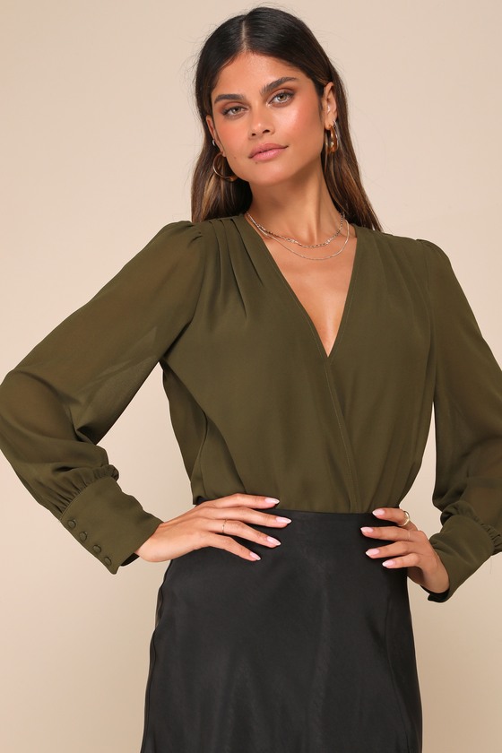 Sophisticated Aspect Olive Chiffon Surplice Long Sleeve Bodysuit 2
