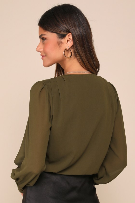 Sophisticated Aspect Olive Chiffon Surplice Long Sleeve Bodysuit 3