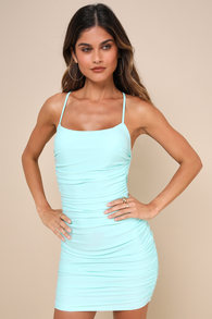 Confident Allure Mint Green Ruched Lace-Up Bodycon Mini Dress 2