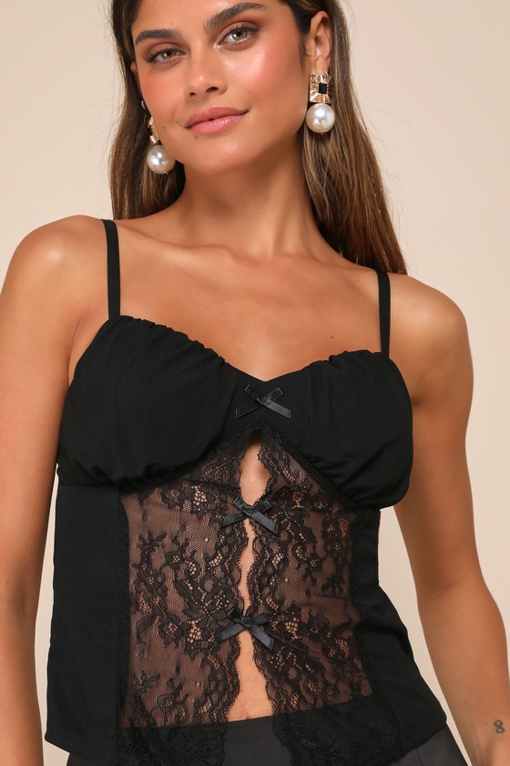 Lulus Sultry Pick Black Mesh Sheer Lace Bow Cami Top In Black