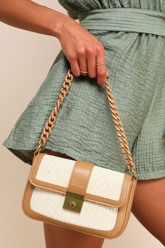 Weekend Wearer Tan and Ivory Raffia Woven Crossbody Bag 7