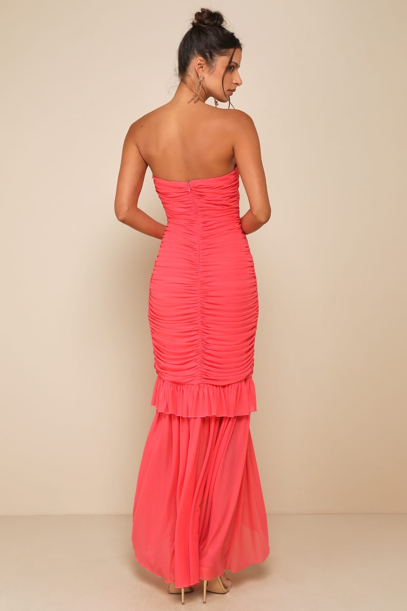 Coral High-Low Dress - Mesh Ruched Dress - Trumpet Maxi Dress - Lulus