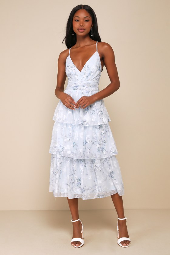Deeply Delightful Light Blue Floral Tiered Lace Up Midi Dress