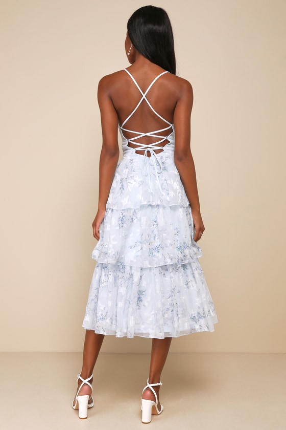 Lulus Deeply Delightful Light Blue Floral Tiered Lace-up Midi Dress In Light Blue