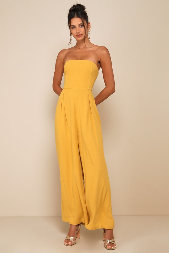 LULUS BREEZY ESSENTIAL MUSTARD YELLOW LINEN WIDE-LEG JUMPSUIT