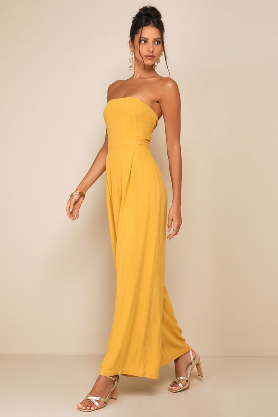 LULUS BREEZY ESSENTIAL MUSTARD YELLOW LINEN WIDE-LEG JUMPSUIT