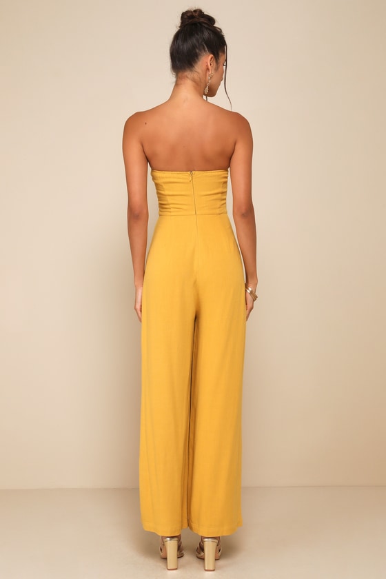 LULUS BREEZY ESSENTIAL MUSTARD YELLOW LINEN WIDE-LEG JUMPSUIT