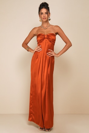 open lace back dress Miss Circle Women Elayna Orange Strappy Satin Corset High Slit Gown main image 0