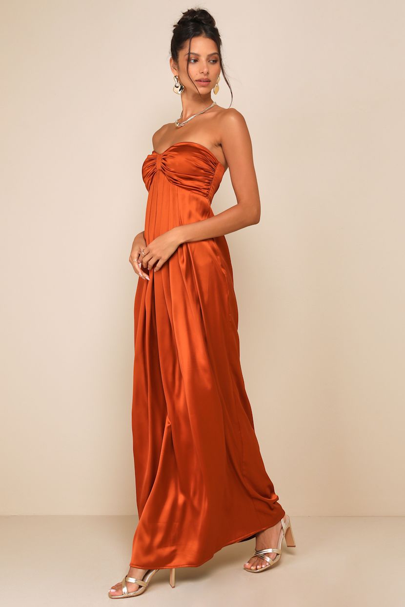 Memorable Entrance Rust Orange Strapless Satin Maxi Dress