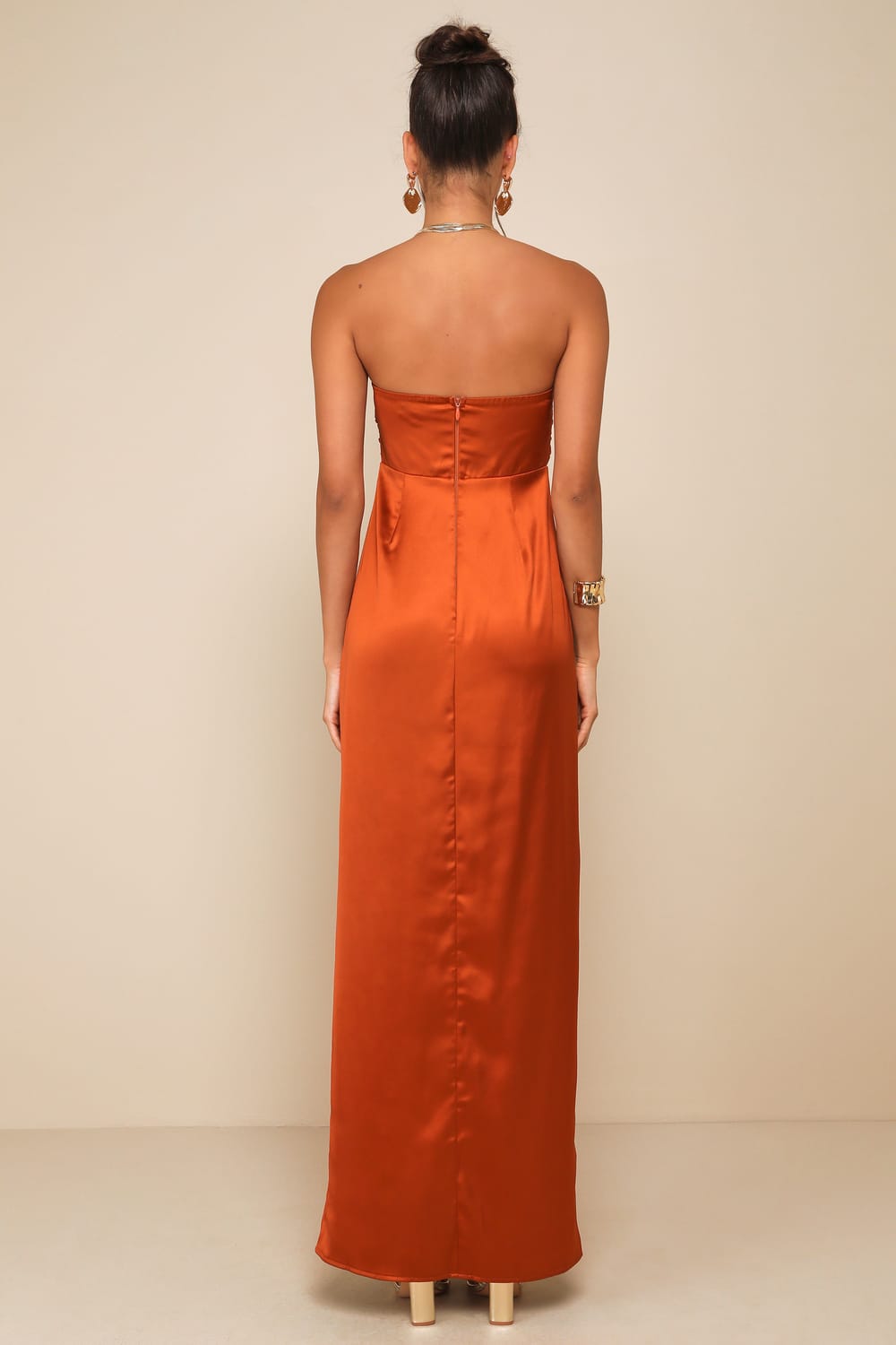 Memorable Entrance Rust Orange Strapless Satin Maxi Dress