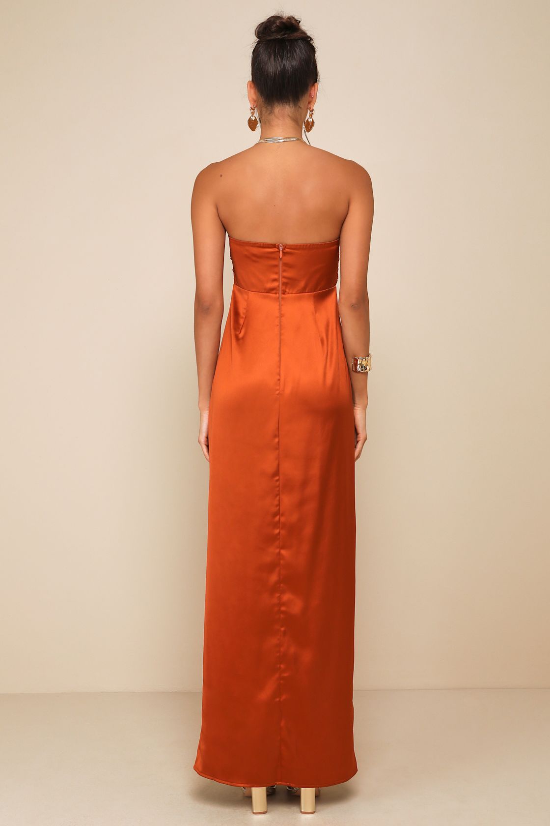 Memorable Entrance Rust Orange Strapless Satin Maxi Dress