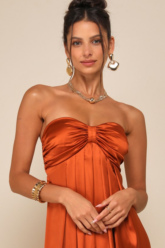 Lulus Memorable Entrance Rust Orange Strapless Satin Maxi Dress In Rust Orange