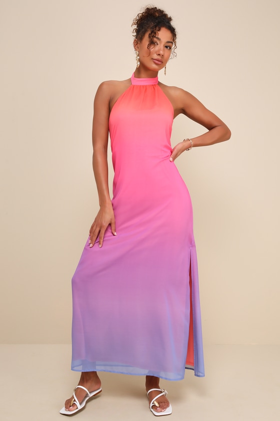 Vivid Moment Pink Ombre Backless Halter Maxi Dress 1