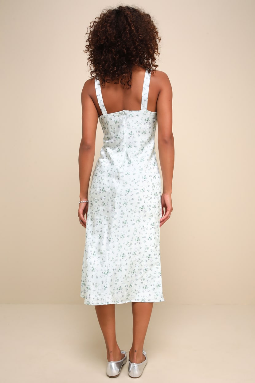 Sage Green Dress - Floral Satin Dress - Empire Waist Midi Dress - Lulus