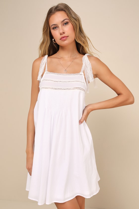 Lulus Breezy Beloved White Lace Tie-strap Shift Mini Dress In White