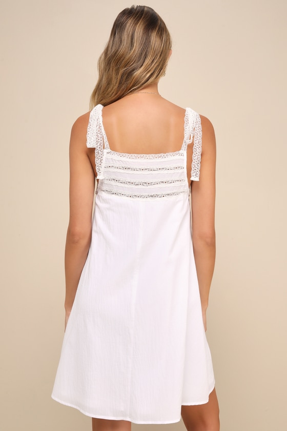 Lulus Breezy Beloved White Lace Tie-strap Shift Mini Dress In White